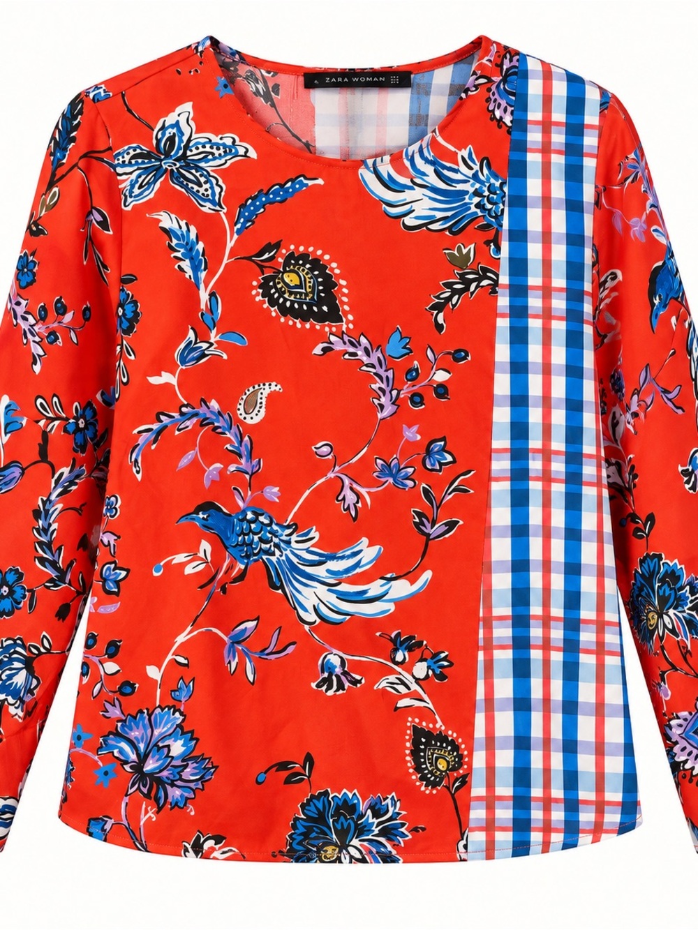 Zara Woman Mixed Print Floral Plaid Blouse Red Size M NWT